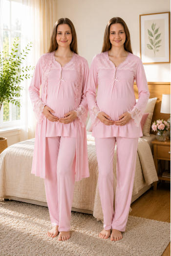 Effortt 4084 Pudra Dantelli Sabahlıklı Lohusa Pijama Takımı